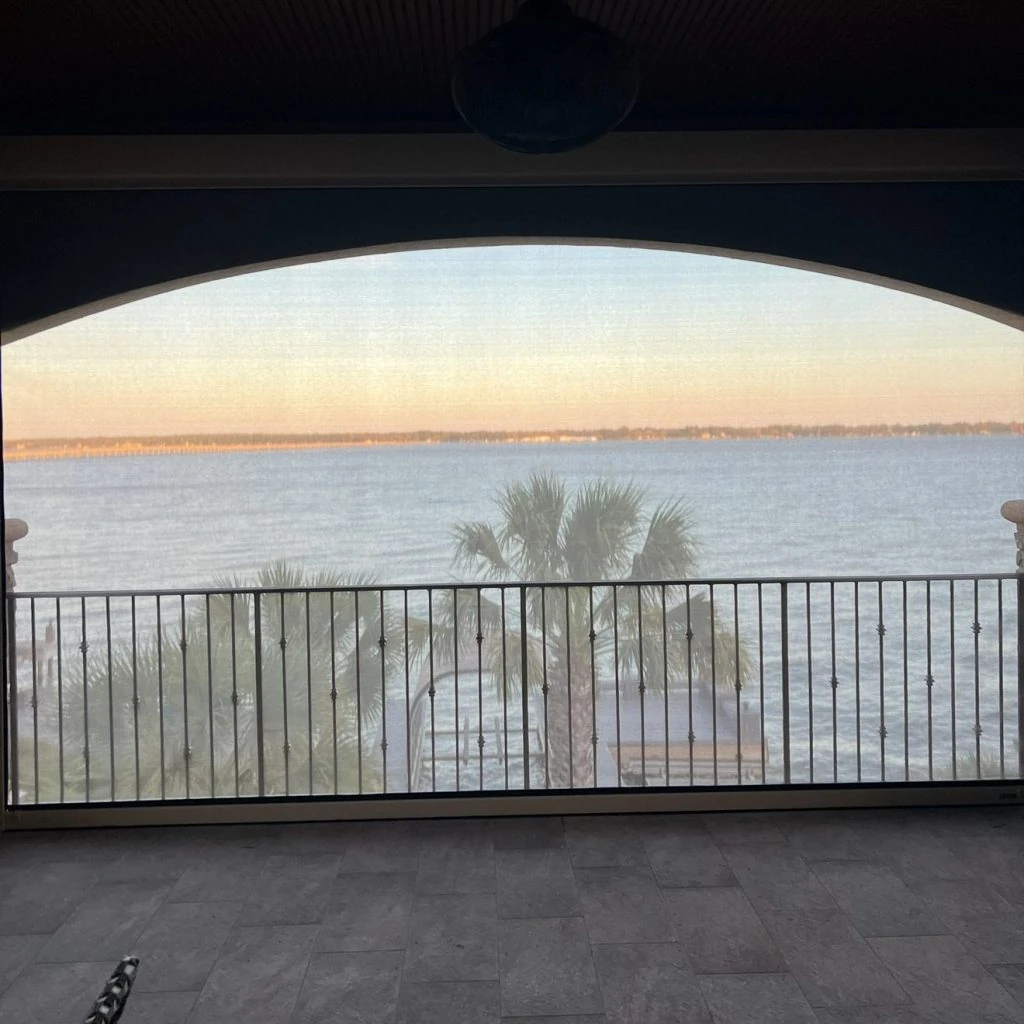 Hurricane shades installed on a Houston patio
