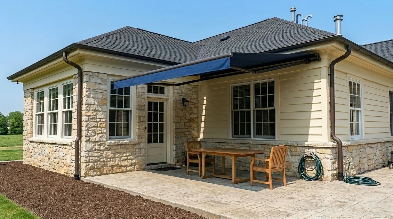 Soffit- or eave-mounted retractable awning