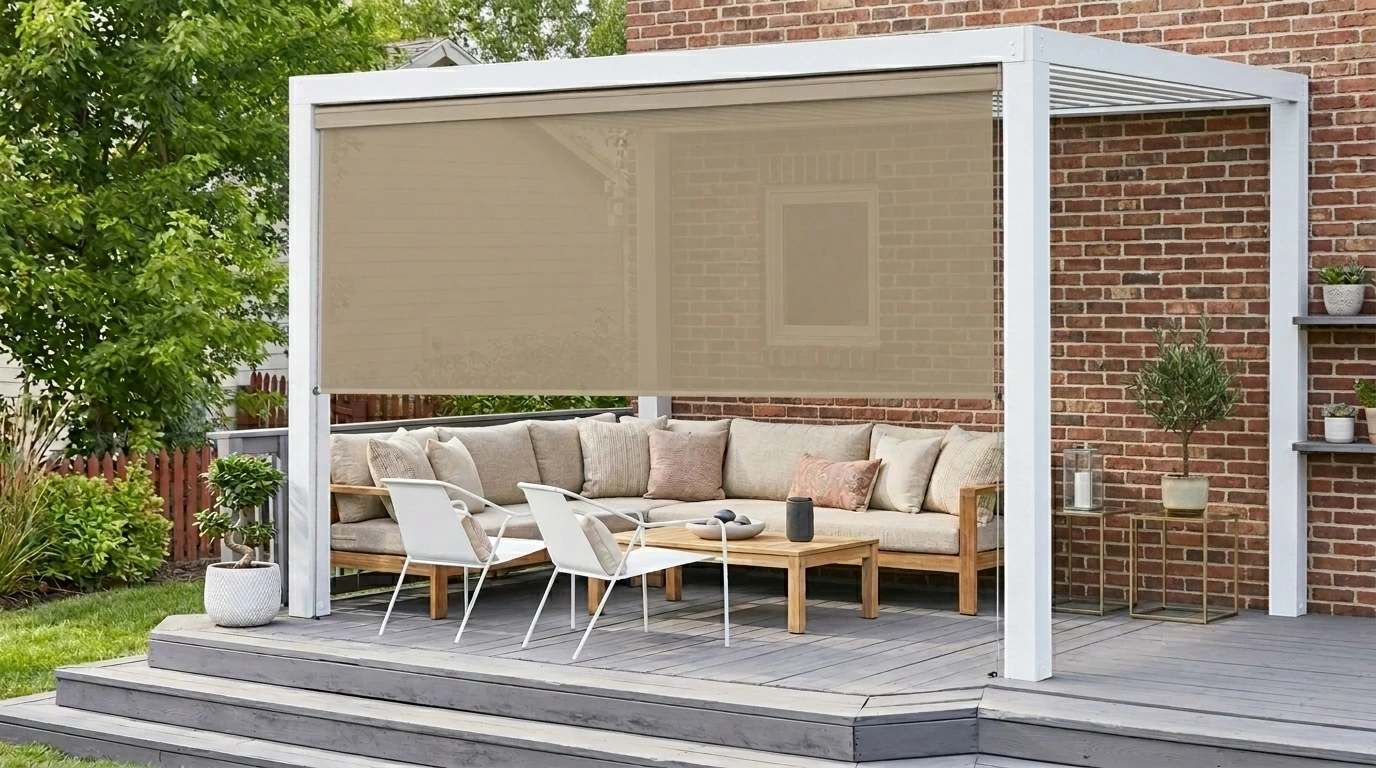 Motorized operation for an open roller patio shade